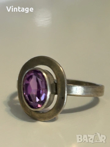 Прекрасен старинен съветски сребърен пръстен с естествен камък аметист , снимка 2 - Пръстени - 53347517