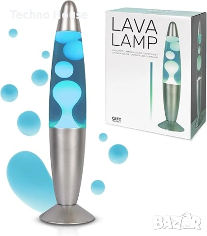 Синя и хромирана лава лампа, ретро нощна лампа 34 x 8,5 см с 2 крушки, оригинален и забавен подарък