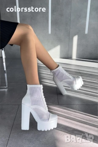 Летни боти на ток - бяла кожа с мрежа - 74-2 