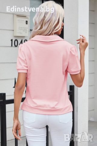 Дамска блуза в розово с къси бухнали ръкави и V-образно деколте, снимка 5 - Други - 46404766