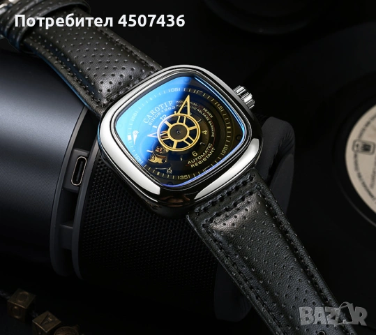 CAROTIF Автоматичен Механичен часовник,квадратен циферблат,кожена каишка,дата