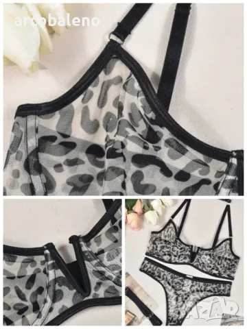 Дамски секси ултратънък прозрачен мрежест комплект бельо с леопардов принт на точки , снимка 5 - Бельо - 49709141