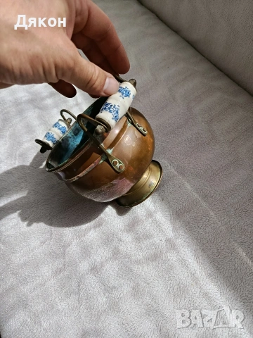медна кашпа Медна кашпа с порцеланови дръжки., снимка 5 - Антикварни и старинни предмети - 53922285