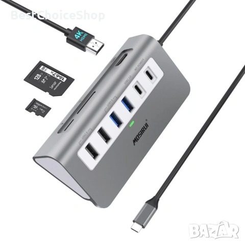USB C Hub Многопортов адаптер, Mosirui 9-в-1 USB-C докинг станция с 4K HDMI, 5Gbps Type C 3.0, снимка 4 - Кабели и адаптери - 54154839