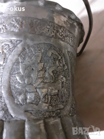 Стар османски меден съд бакър канче чеканено и гравирано, снимка 3 - Антикварни и старинни предмети - 53390922