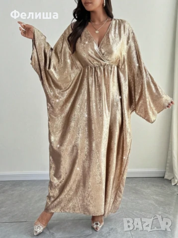 Дълга Арабска Рокля с Бляскав Ефект / Блестящи Отражения Течно Злато - XL / XXL