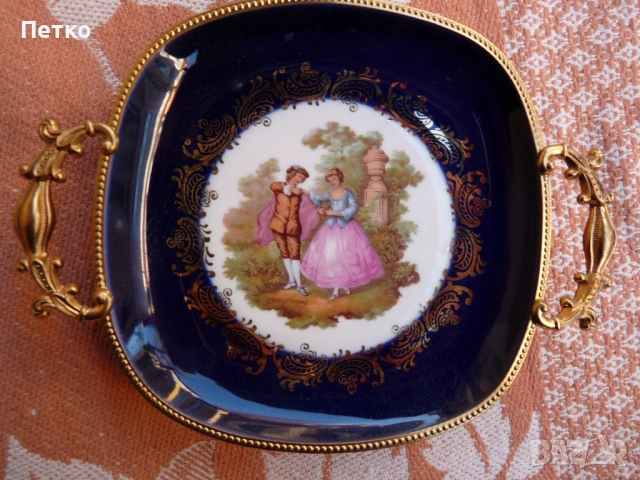 Стар рисуван порцелан LIMOGES 16 / 12 см бронзови дръжки