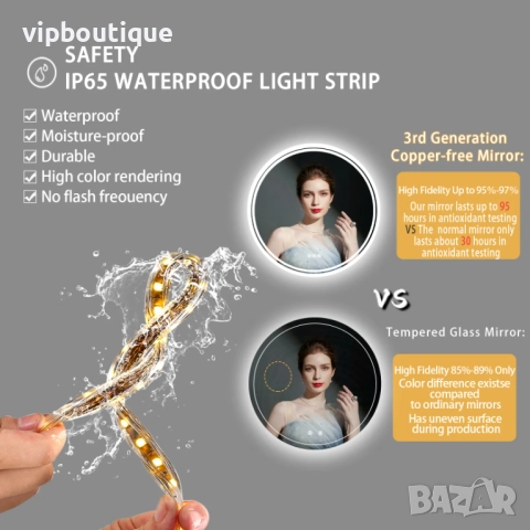 Огледало за баня с 3-цветно LED осветление и нагревател 60 см. / Ф60, снимка 7 - Огледала - 52217458