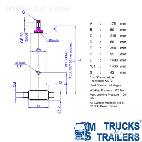 Хидравличен цилиндър HIDROMAS GHS 155 X 4 X 4440 C 43155444403, снимка 2 - Части - 47955030