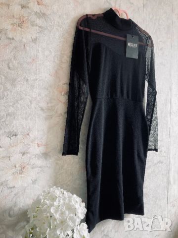 Елеганта черна рокля по тялото еластична с тюлен гръб и ръкави секси за повод 38 S/M- M