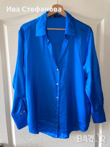 Нова синя сатенена официална елегантна синя риза zara , снимка 8 - Ризи - 45863524