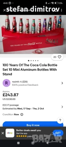 Coca Cola 100 години комплект бутилки, 10 мини алуминиеви бутилки с поставка, снимка 2 - Колекции - 51381111