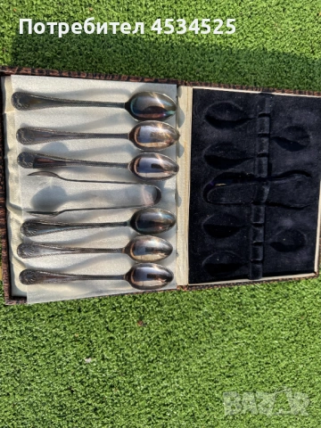 Антикварен комплект за чай: 6 посребрени лъжички и щипка за захар в оригинална кутия (EPNS), снимка 2 - Антикварни и старинни предмети - 53752603