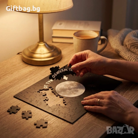 Дървен пъзел „Обичам те от тук до Луната“