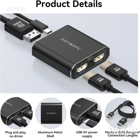 DGYBDFC 4K60Hz Displayport към двоен HDMI адаптер, DP 1.4 към 2х HDMI 2.0, снимка 6 - Кабели и адаптери - 48496117