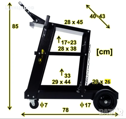 Количка,поставка за апарати телоподаващи,плазми,аргони,електрожени -натоварване платформа до 85кг.