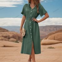 Нов стил, едноредна зелена рокля с ревер, снимка 2 - Рокли - 45198163