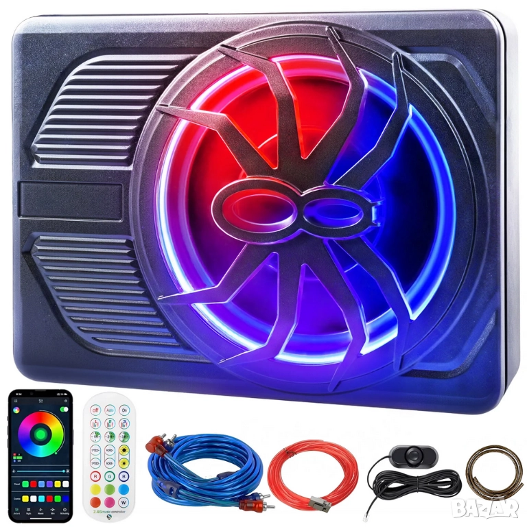 Компактен 10” автомобилен 800W(peak) активен субуфер с RGB амбиентна подсветка с дистанционно, снимка 1