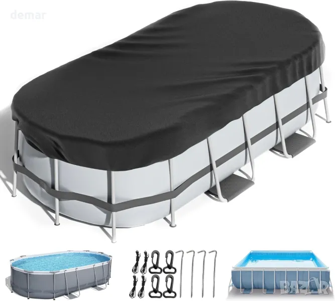 LXKCKJ Правоъгълно покривало за надземен басейн с комплект аксесоари, (черно, 366X730 см), снимка 1