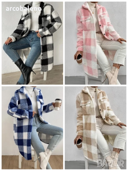 Дамско есенно-зимно палто с отворени копчета и плюшен кариран плат, 4цвята , снимка 1