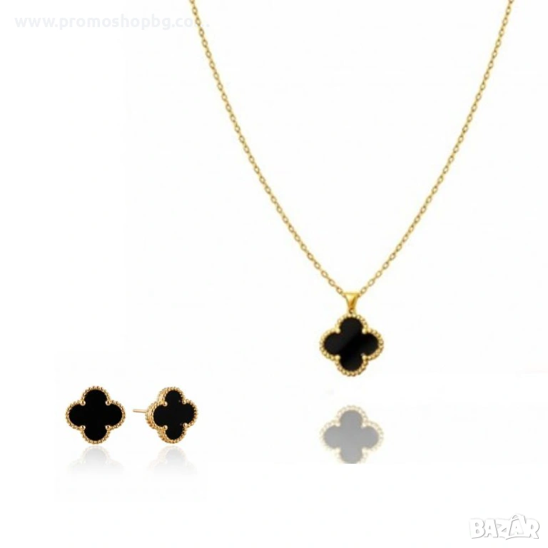 Комплект колие + обеци с черна детелина, стомана с 14-карата златно покритие, снимка 1