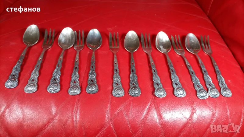 Красиви десертни вилички и лъжички, релефни дръжки, роза, по 9 бр, общо 18 бр, снимка 1