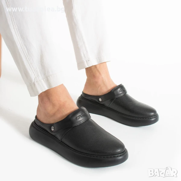 Черно мъжко сабо от естествена кожа с каишка | Марка Tuasolea, снимка 1