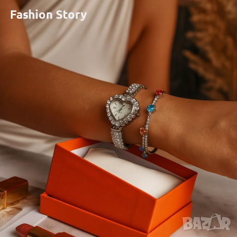 Сърцевиден дамски часовник с гривна и кристали – стил и практичност в кутия, снимка 4 - Дамски - 51935579