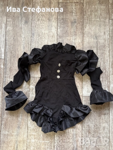 Нов къс черен бляскави копчета  елегантен парти коктейлен официален гащеризон волани къдри , снимка 2 - Гащеризони - 52542660