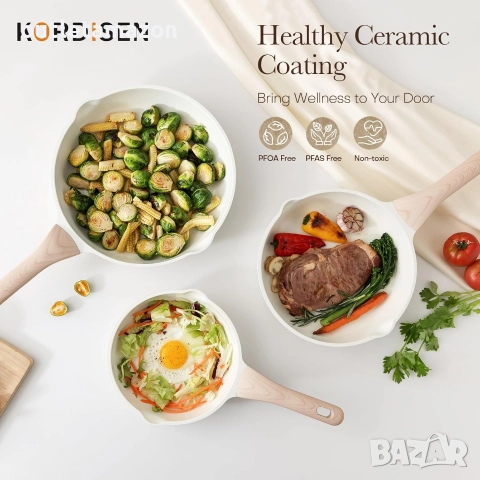 тигани Kordisen с незалепващо покритие и капак, 3 керамични тигана за готвене, нетоксични, снимка 2 - Съдове за готвене - 52882549