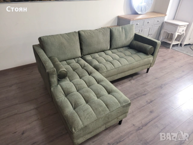 Зелен ъглов диван от плат с лежанка, снимка 10 - Дивани и мека мебел - 53730855