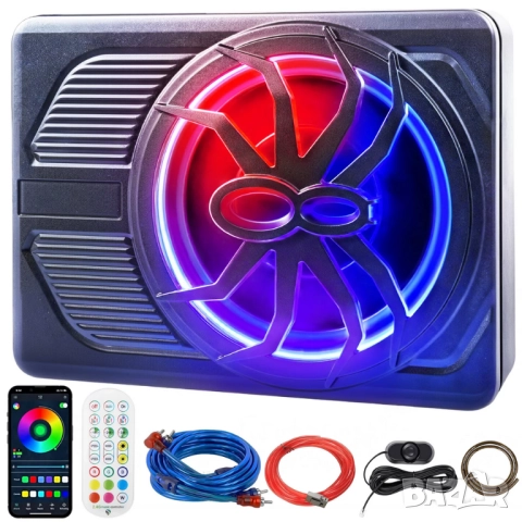 Компактен 10” автомобилен 800W(peak) активен субуфер с RGB амбиентна подсветка с дистанционно