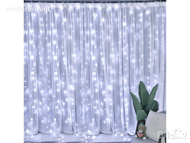 Светлинна завеса 300 LED гирлянда за прозорец с дистанционно управление в студени цветове 3м, снимка 2 - Лед осветление - 52640000