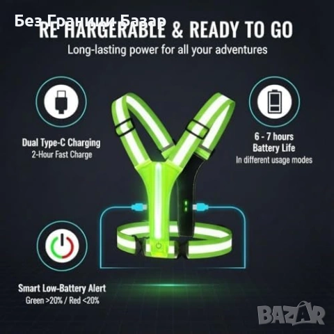 Нова Светеща LED жилетка 360° отражатели регулируема за нощен спорт, снимка 4 - Спортна екипировка - 53644940