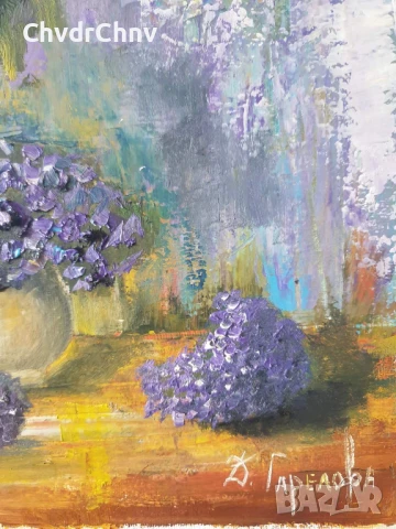 Деница Гарелова 40x30см/малка българска картина масло върху платно/натюрморт-цветя/ваза-люляк, снимка 4 - Картини - 51160205