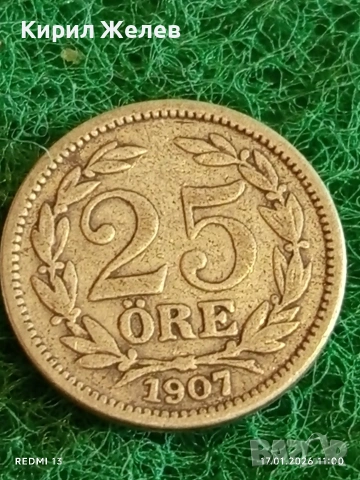 Стара монета 25 йоре 1907г. Швеция за КОЛЕКЦИОНЕРИ 53052