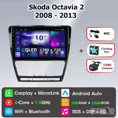 10” 2-DIN мултимедия за Skoda Octavia 2007-2013 с Android 12, 2/32GB, 1280x720 QLED, CPи AA