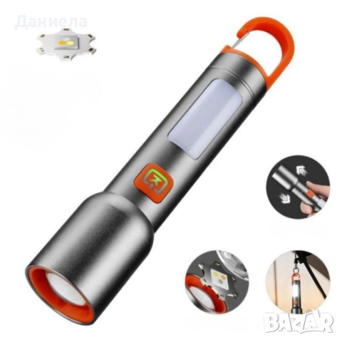 Презареждащ се LED фенер с висока яркост – USB Type-C, мащабируем лъч, компактен дизайн с карабинер, снимка 7 - Други стоки за дома - 52811472
