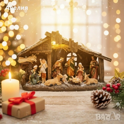 Коледна декоративна сцена с фигурки на Светото семейство – символ на любов и хармония, снимка 2 - Декорация за дома - 52040858