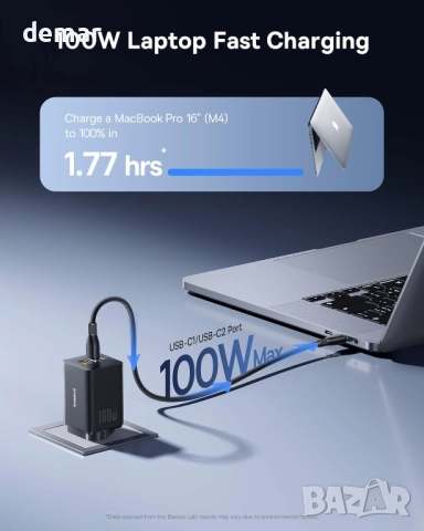 Зарядно Baseus 100W с три порта, 2 USB C, 1 USB A, компактно PPS, снимка 2 - Оригинални зарядни - 52085450