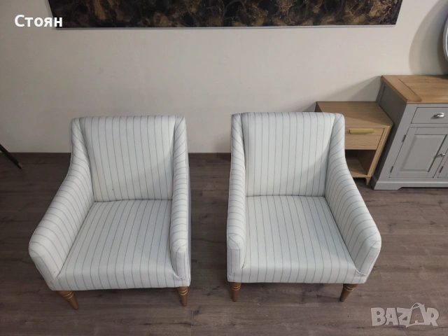 Два броя кремави фотьойли от плат на райета, снимка 7 - Дивани и мека мебел - 53802746