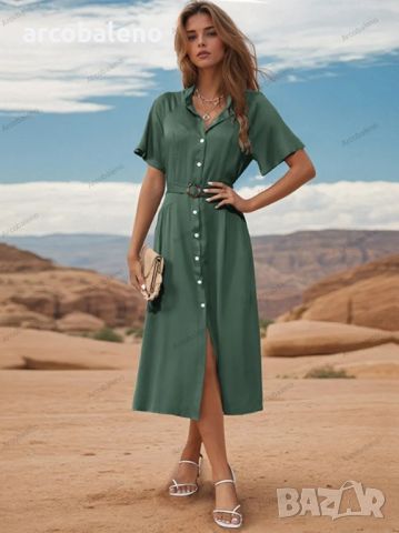 Нов стил, едноредна зелена рокля с ревер, снимка 2 - Рокли - 45198163