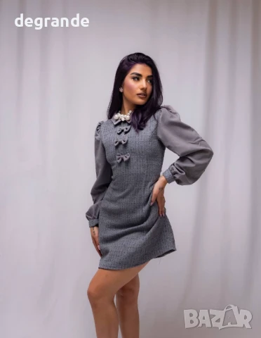 Рокля букле с панделки в сиво