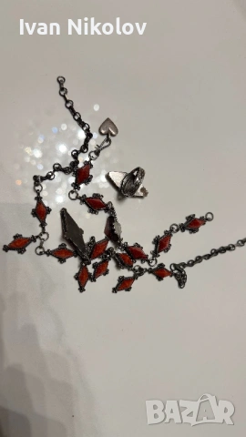 Сребърен комплект колие гривна и пръстен с корал Арт деко 46грама, снимка 4 - Колиета, медальони, синджири - 53686868