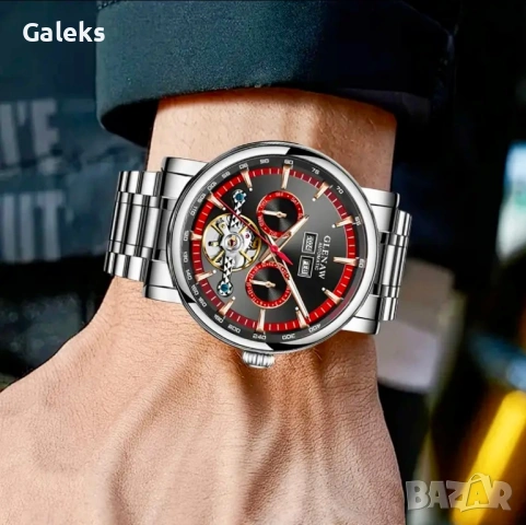 Мъжки автоматичен, класически часовник GLENAW* с червен циферблат!, снимка 3 - Мъжки - 49416250