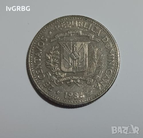25 сентавос Доминикана 1986 25 центавос Доминикана 1986 американска монета 