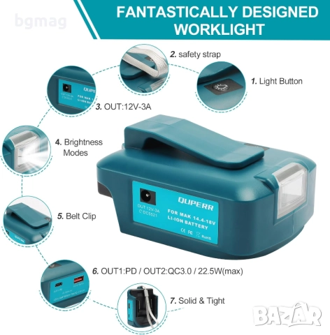 QUPPER Adp05 USB-A и USB-C адаптер за акумулаторни батерии Makita 14.4V и 18V, снимка 2 - Други инструменти - 52111838