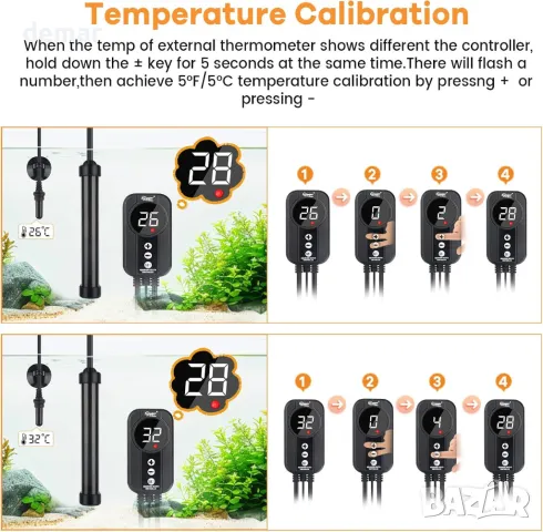 hygger Титаниев аквариумен нагревател, 200 W потопяем с цифров дисплей, за 114-152 литра аквариуми, снимка 4 - Оборудване за аквариуми - 48235207