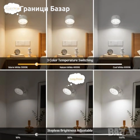 Нови Стенни лампи без окабеляване 2 броя с дистанционно аплик 3 цвята димиране и таймер, снимка 3 - Лампи за стена - 54238771