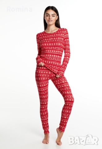 Червена коледна дамска пижама  със снежинки, снимка 1 - Пижами - 45664529